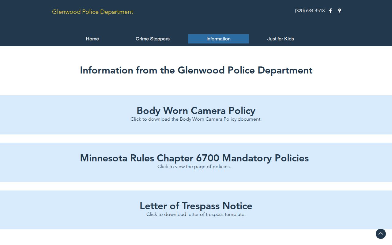 Glenwood Police public information page for arrest-record requests