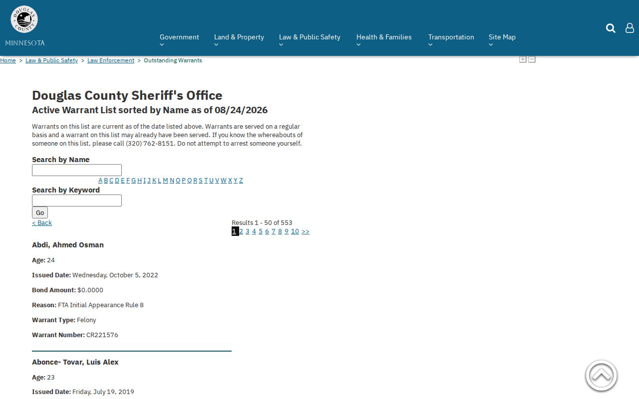 Douglas County warrant record interface, separate from Pope County warrant records