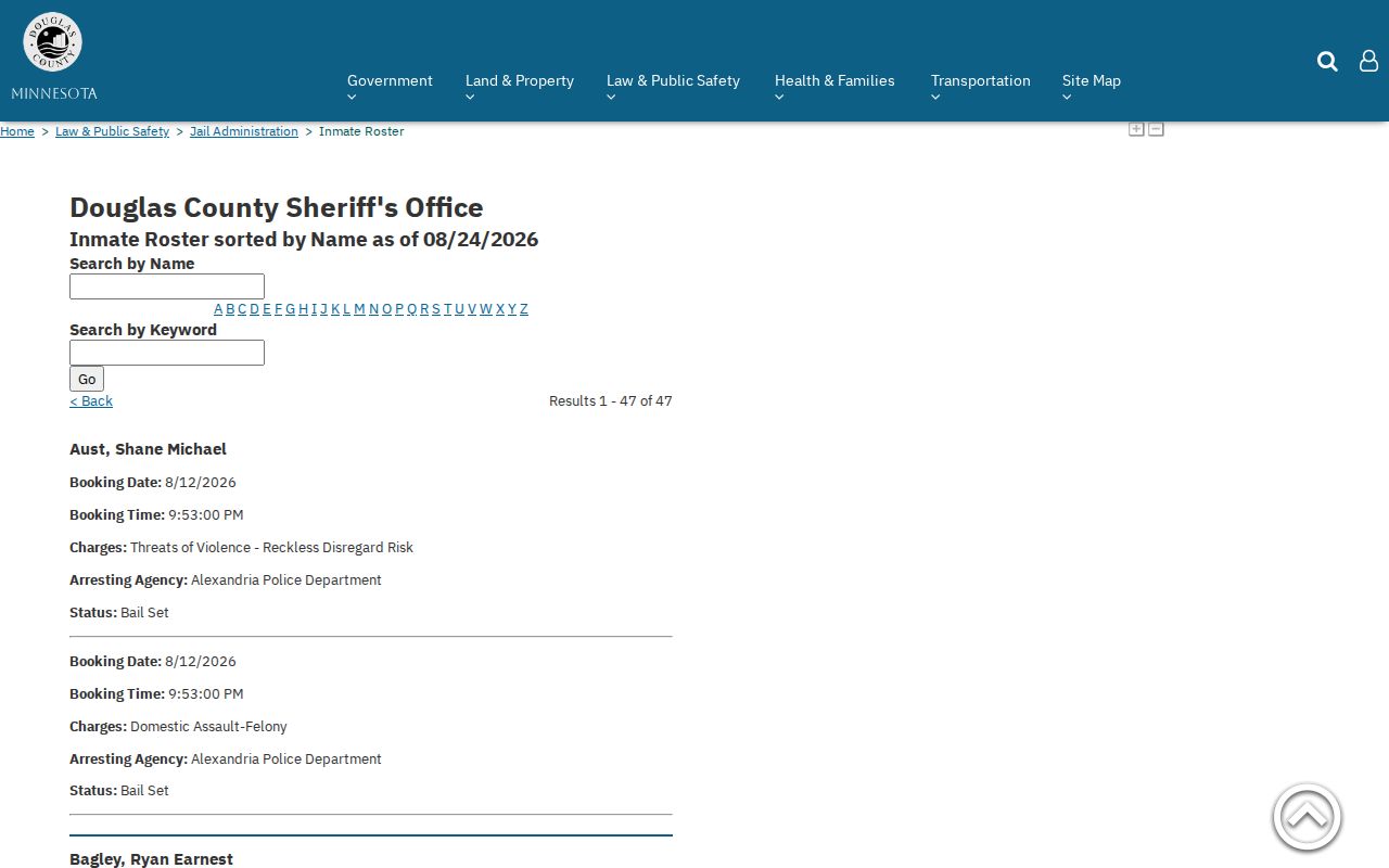 Douglas County Jail roster search for Pope County booking records